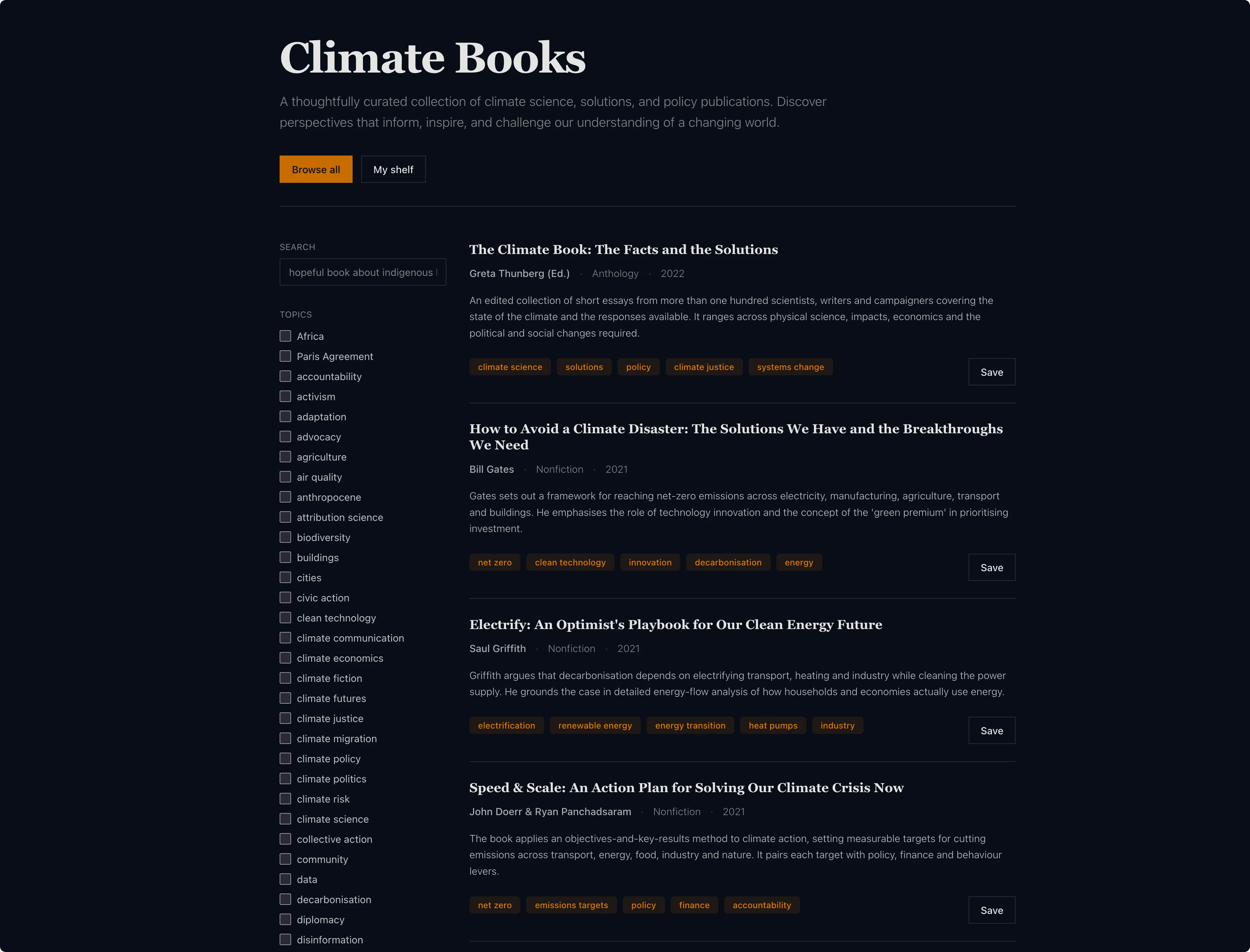 Climate Books Recommendation tool interface