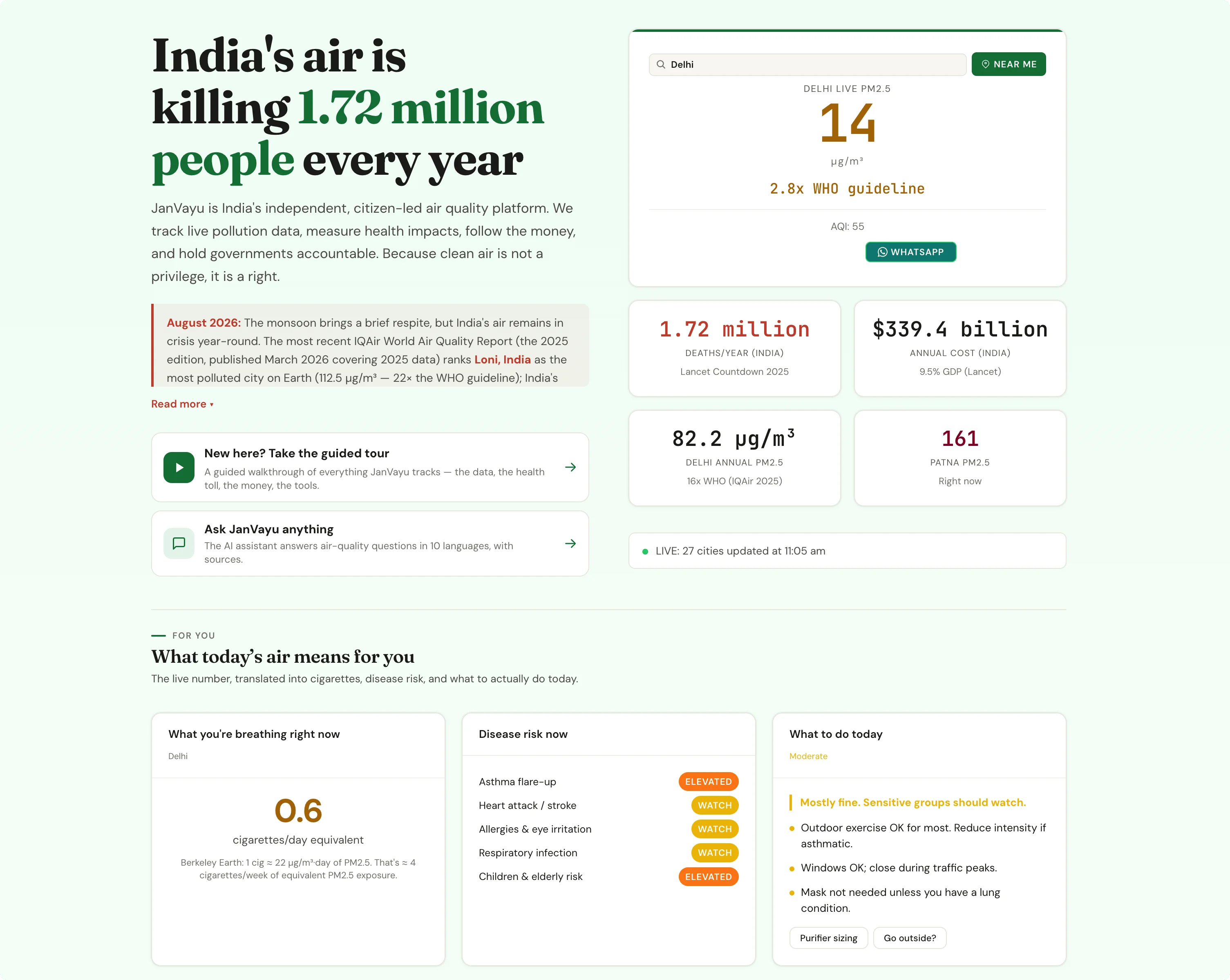 JanVayu air quality tool showing health advisory and accountability brief