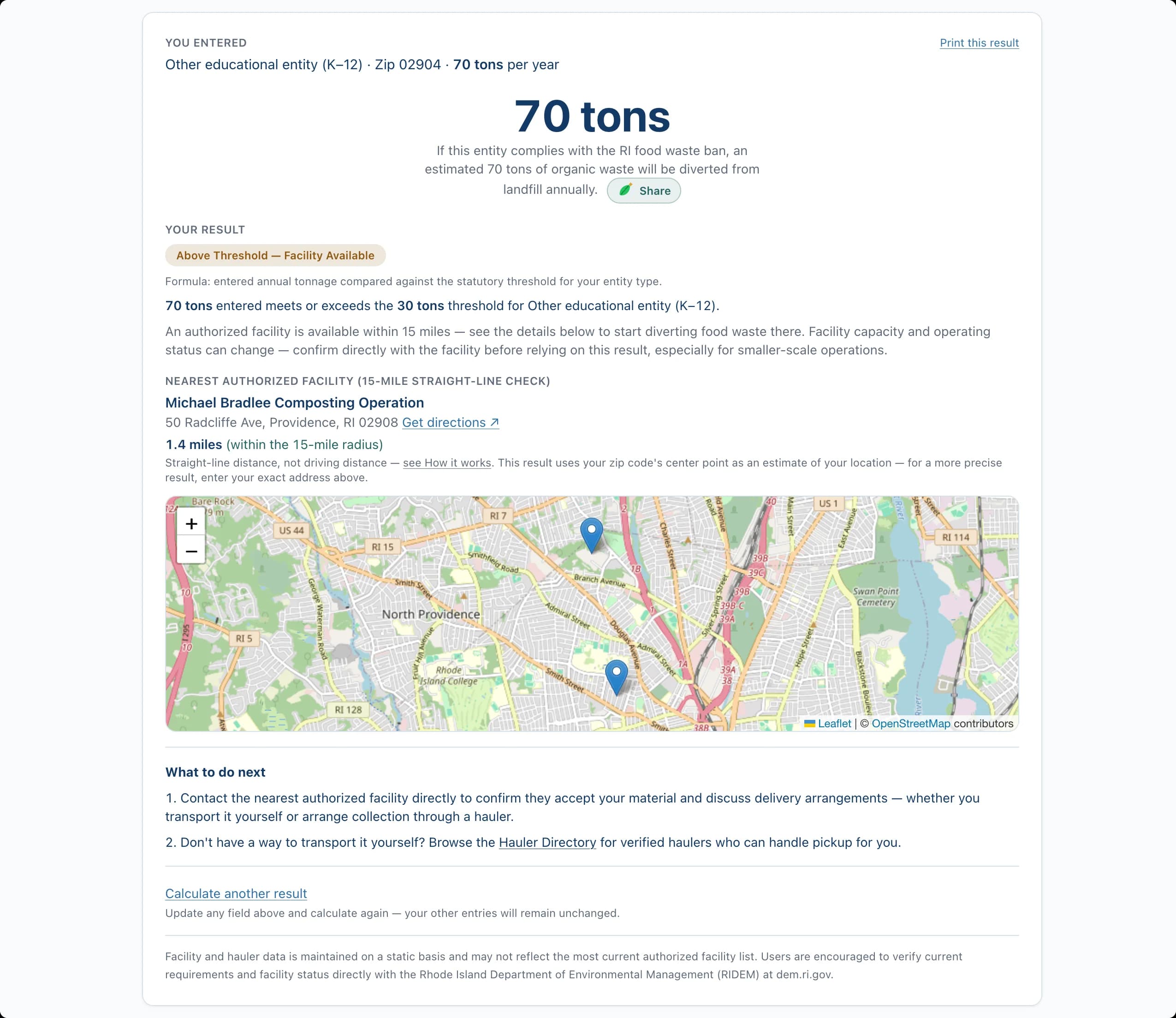 RhodeWaste Organics Navigator eligibility checker and tonnage calculator