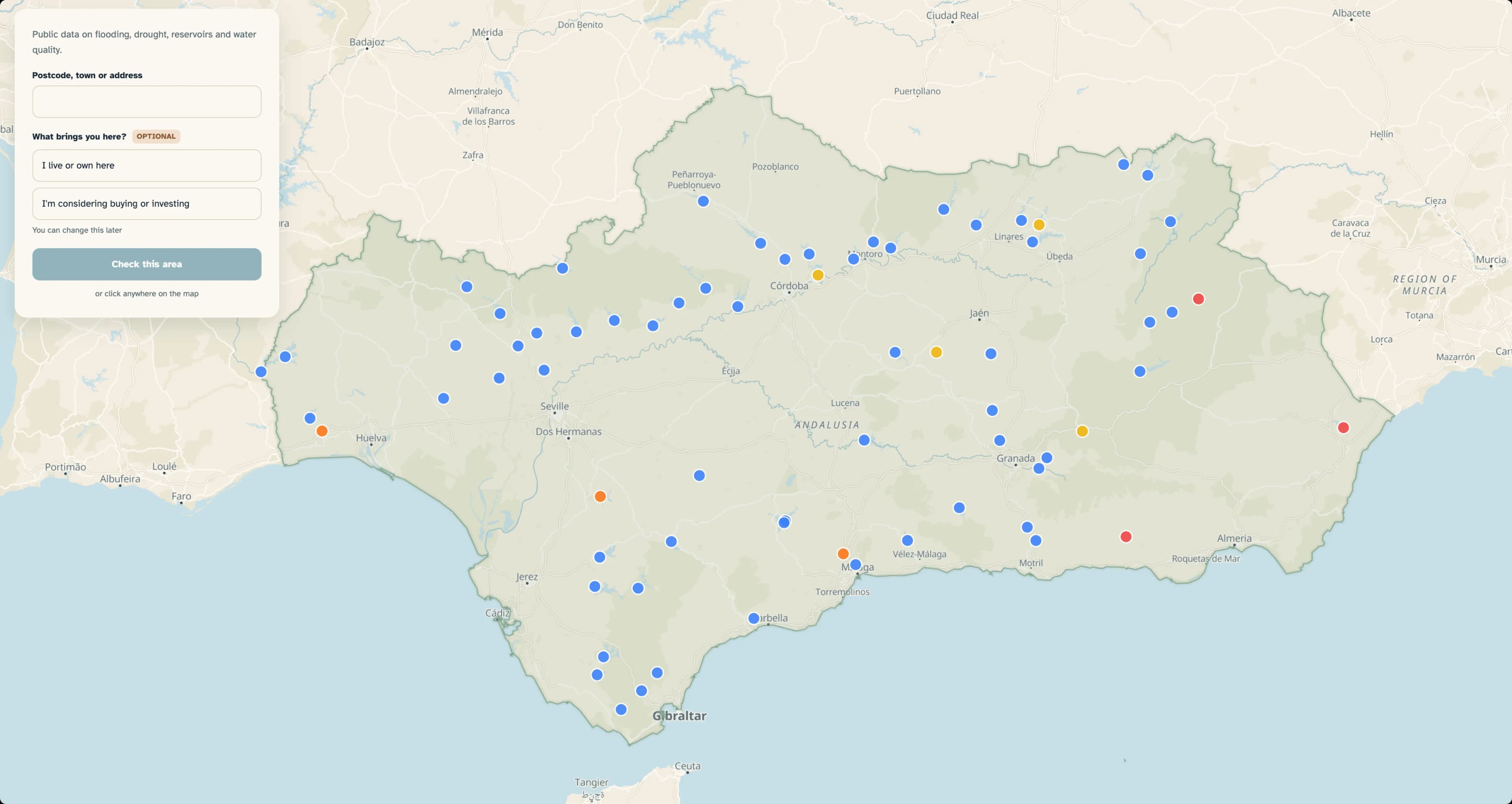 Water Risk map interface showing risk layers for a location in Southern Spain